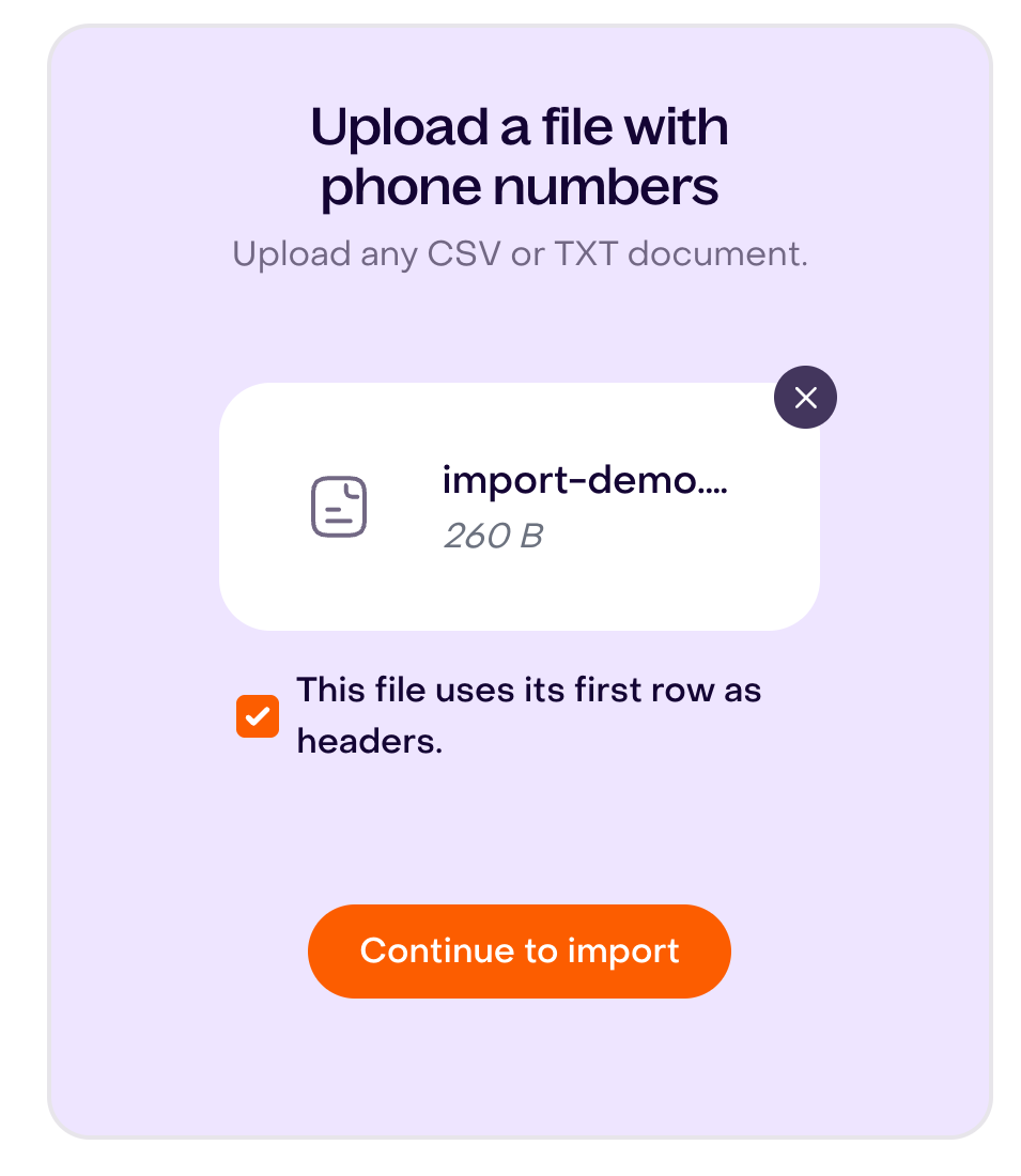 Demonstration file of 260 B selected, with the first-row header box checked and the Continue to import button visible.