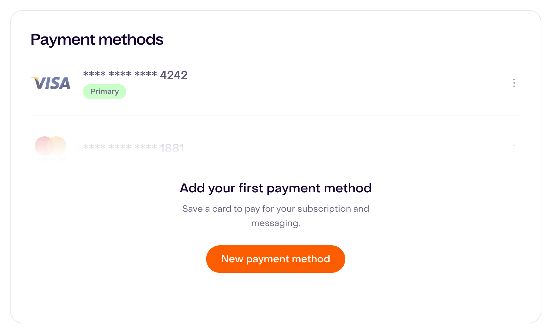 Empty Payment methods section with faded example cards and the New payment method button.