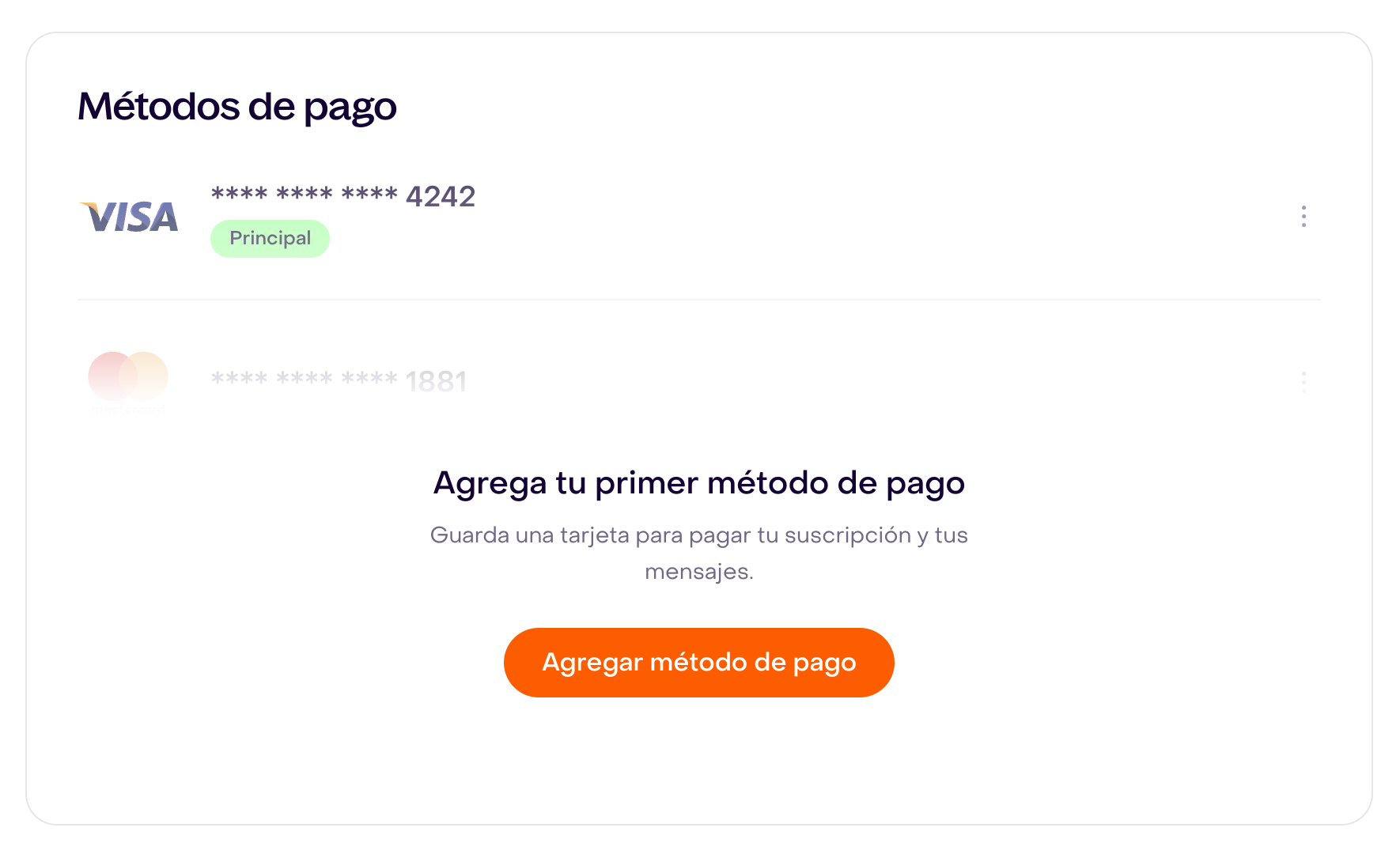 Vista vacía de Métodos de pago con tarjetas atenuadas de ejemplo y el botón Agregar método de pago.